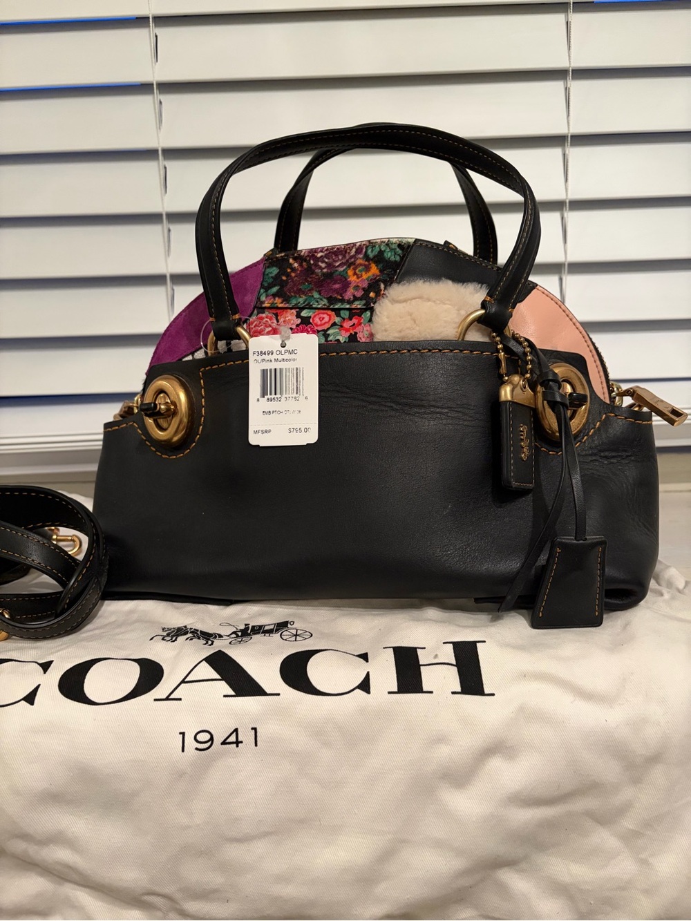 Coach Black Leather Shoulder Bag with Multicolor Patchwork Accents